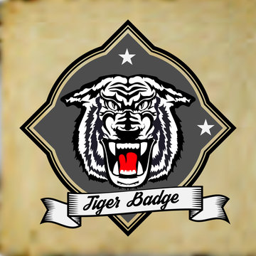 Tiger in frame with ribbon logo and badge