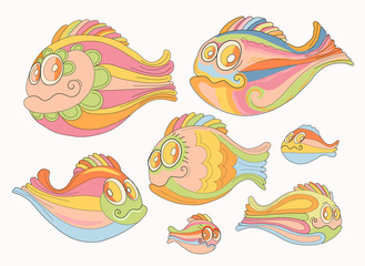 Set of cartoon, cheerful brightly colored fish