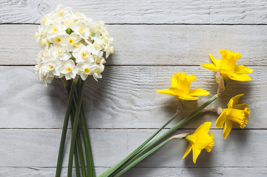 Yellow and white narcissus flowers on wooden background