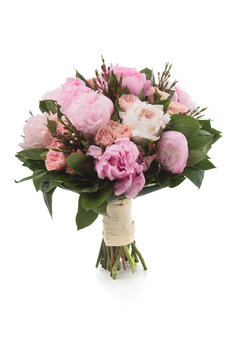 Fototapeta Pink Peonies and Roses bouquet. Isolated on white.