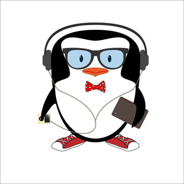 Funny hipster penguin with glasses butterfly tie, gumshoes, phone and player illustration.