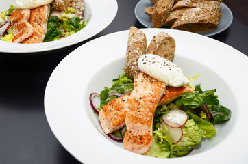 Salmon Salad with Egg Benedict, served with baguette