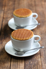 dutch stroopwafel, caramel waffle and coffee