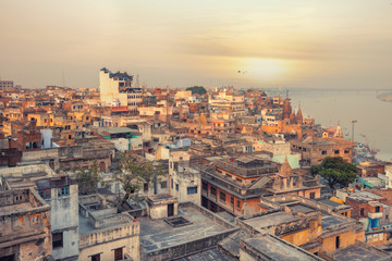 Sunset view over Varanasi during kite festival