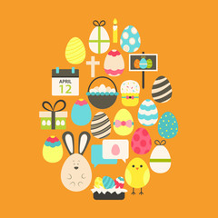 Easter Flat Icons Set Egg shaped over orange