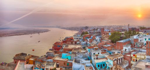 Sunset view over Varanasi during kite festival