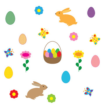 easter egg and rabbit on white background