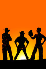 Fototapeta na wymiar silhouette of cowgirl straight on between two cowboys