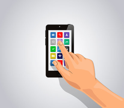 Realistic smart phone Isolated with apps icons and touch hand.
