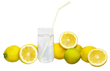Fresh lemons with glass of lemonade isolated on white