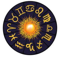monthly zodiac with the sun in the center of the circle