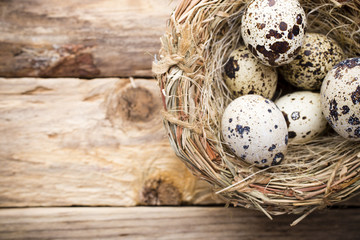Quail eggs. Easter greeting card.