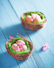 Nest with eggs and flowers on blue wooden background