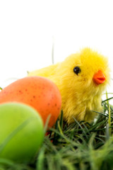 colored Easter eggs and yellow chick on grass