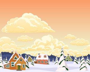Vector winter landscape with village and trees