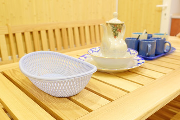 Closeup blue plastic basket