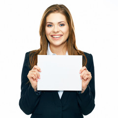 Naklejka premium Business woman show board, banner with copy space. smiling woma