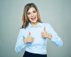 Thumb Up. Business woman portrait. Teeth smile.  Isolated.