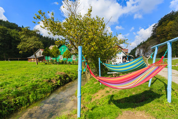 Hammocks hanging in Skala village near Ojcow, Poland