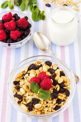 Honey glazed oatmeal, nut and coconut chips granola in a glass b