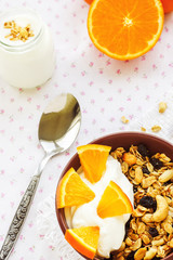 Honey glazed oatmeal, nut and coconut chips granola in a glass b