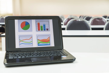 Laptop on the desk in front of empty classroom