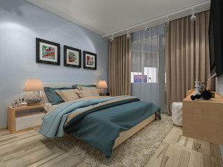 Bedroom in a private house in blue and beige colors