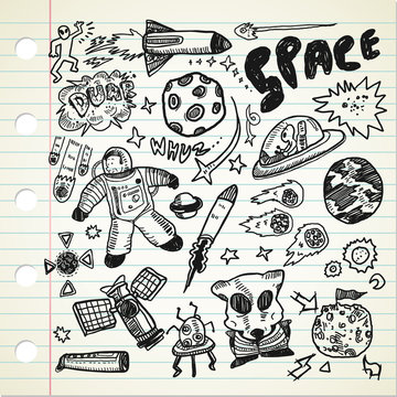 Fototapeta set of space related object in doodle style