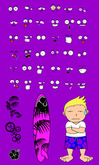 surfer kid cartoon expression set7