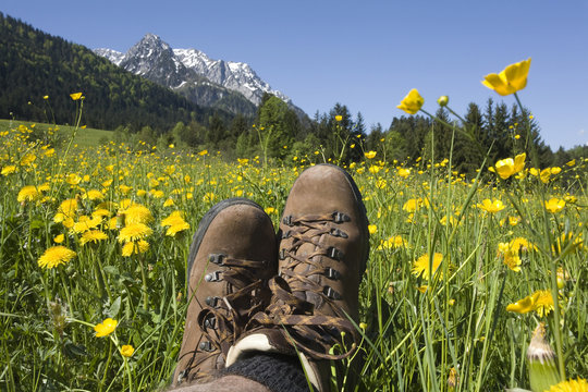 Austria, Tyrol, Kaisergebirge, Hiker relaxing on meadow, close-up