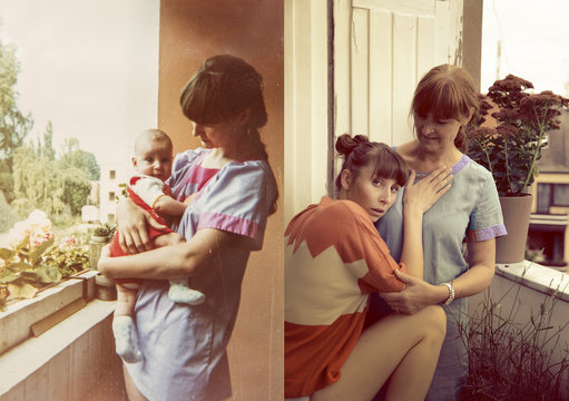 Mother and daughter in now and then photos, baby being held on balcony