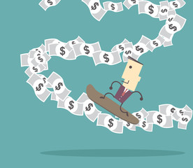 businessman ride surfboard on banknote stream cartoon vector for