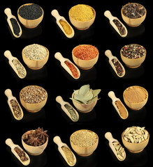 Collage of different spices in bowls on black background