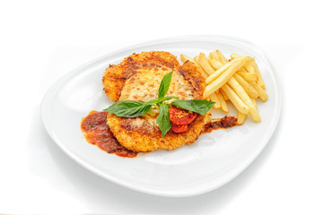 Chicken fillet with french fries and sauce