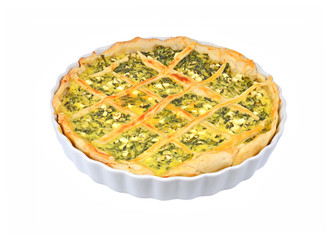 Pie with cheese and herbs in baking form