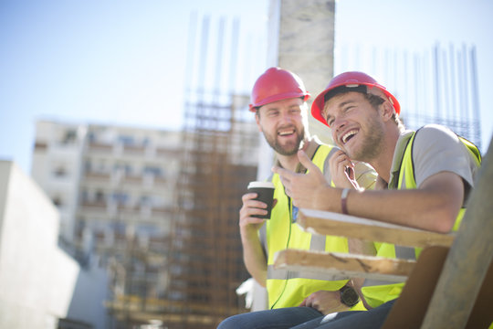 Construction workers having a break in construction site