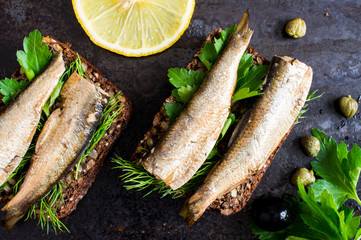 Sandwich with sardines - obrazy, fototapety, plakaty