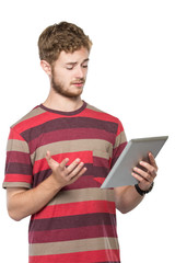 young man working with a modern tablet pc isolated