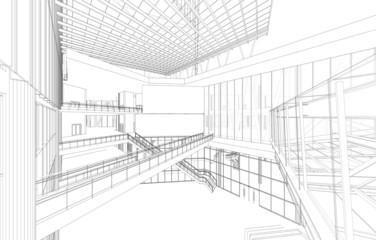 Fototapeta premium Perspective 3D render of building wireframe - Vector illustration