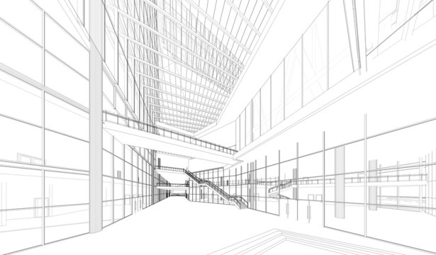 Perspective 3D render of building wireframe - Vector illustration