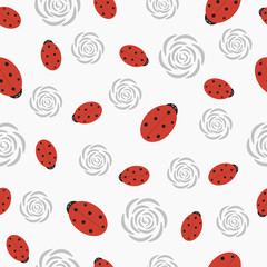 Seamless texture with ladybugs and roses.