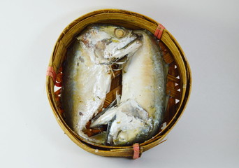 boiled mackerel on circle bamboo container