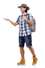 Young traveller with backpack holding isolated on white