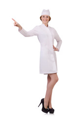 Attractive woman doctor pressing buttons  isolated on white