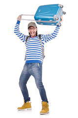 A tourist with bags isolated on white