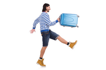 A tourist with bags isolated on white