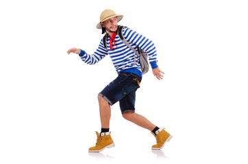 A tourist with bags isolated on white