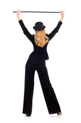 Girl in classic male suit isolated on white