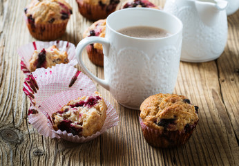 Fototapeta na wymiar Cup cocoa with milk and homemade black berry muffins