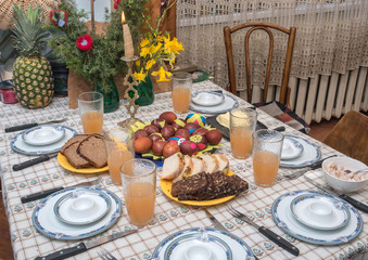 easter eggs with decoration on a table